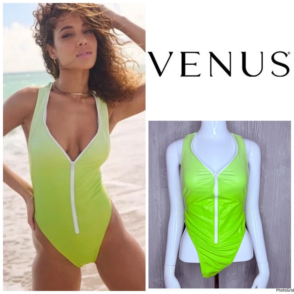 Nwot Venus lime green zip front bathing suit swimwear swimsuit one piece sz 4
